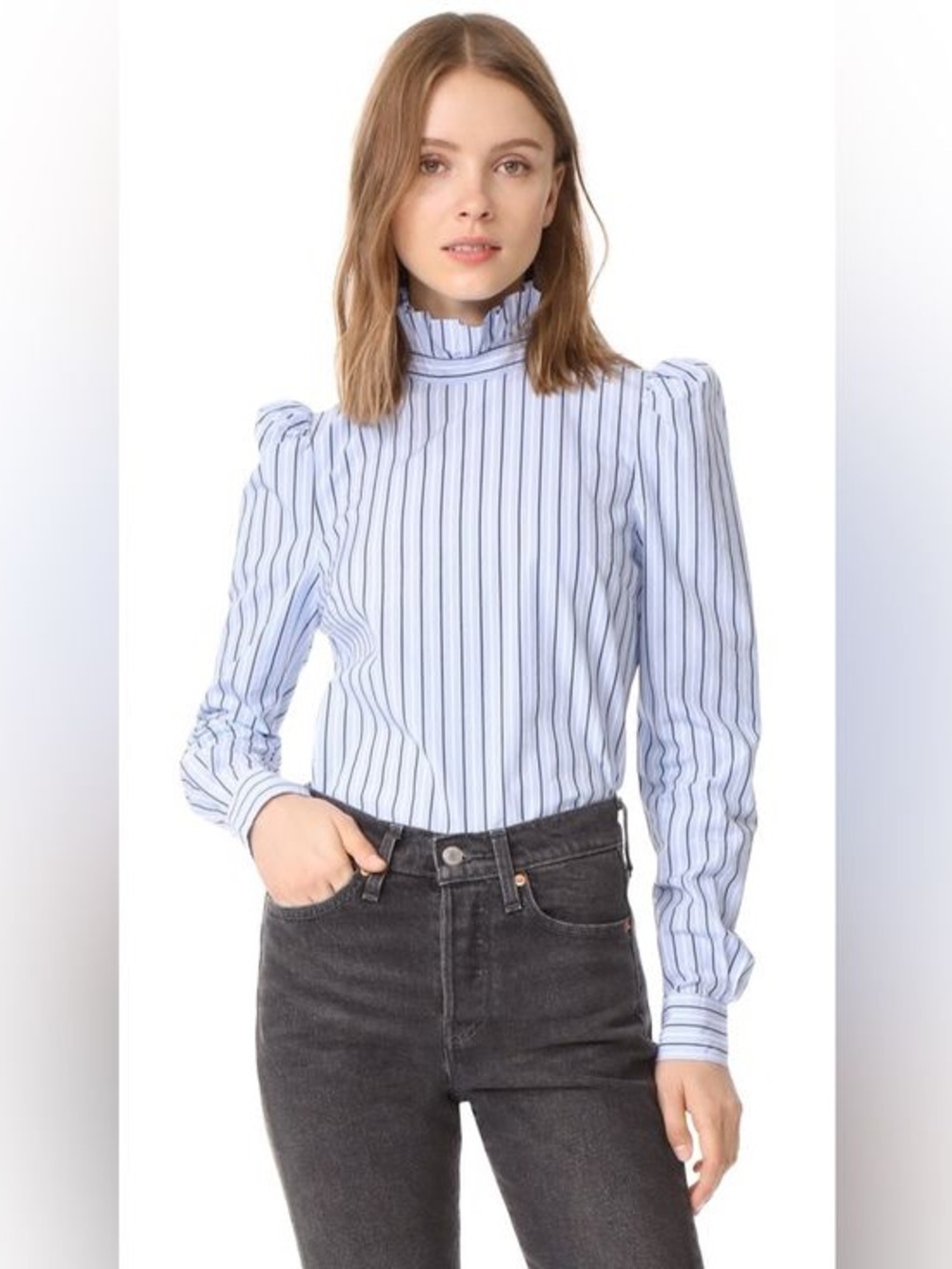NWOT Frame Denim Striped High-Neck Ruffle Long-Sleeve Top in Blue